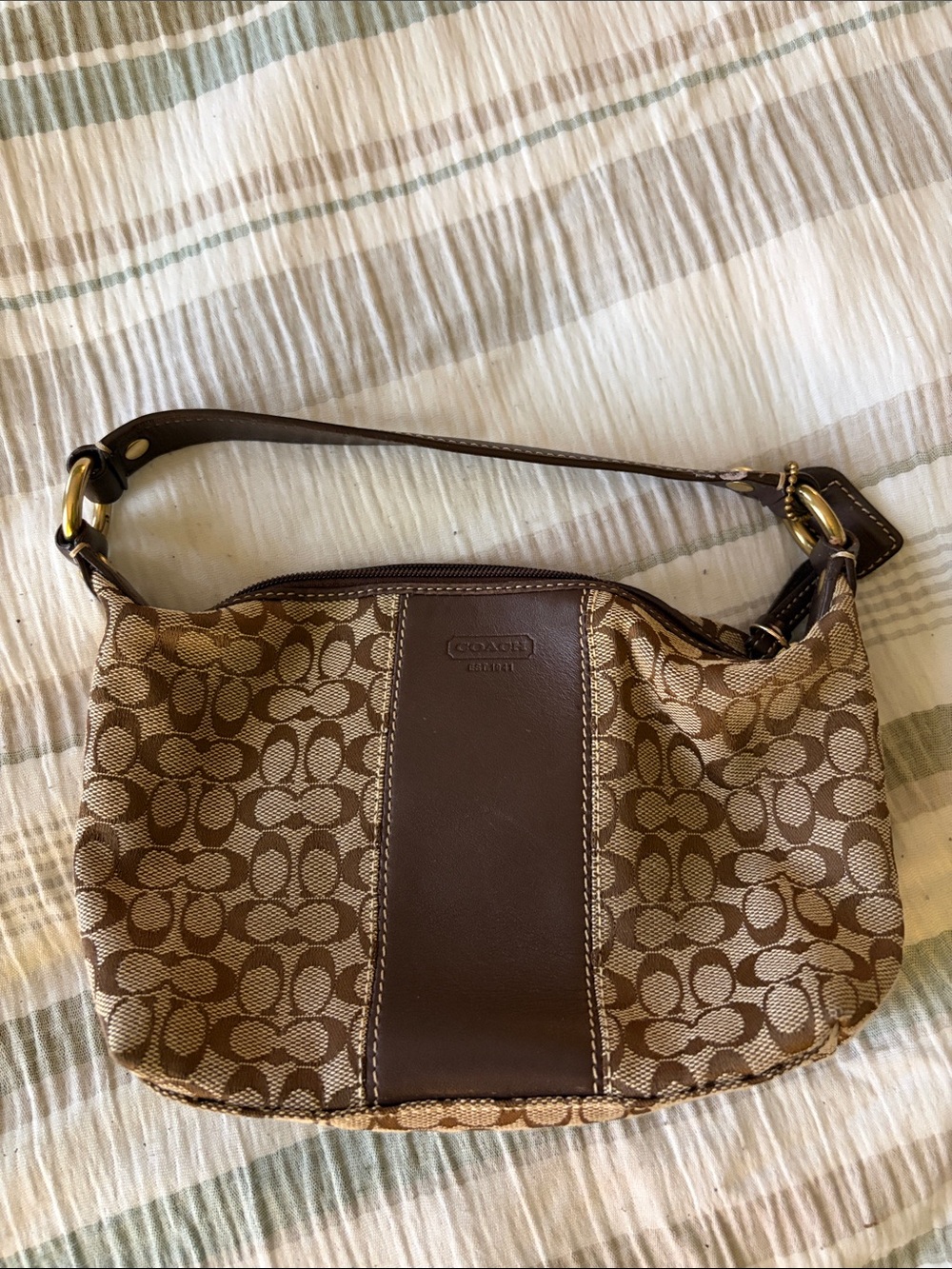 Authentic Coach Tan and Brown Signature Canvas Shoulder Bag